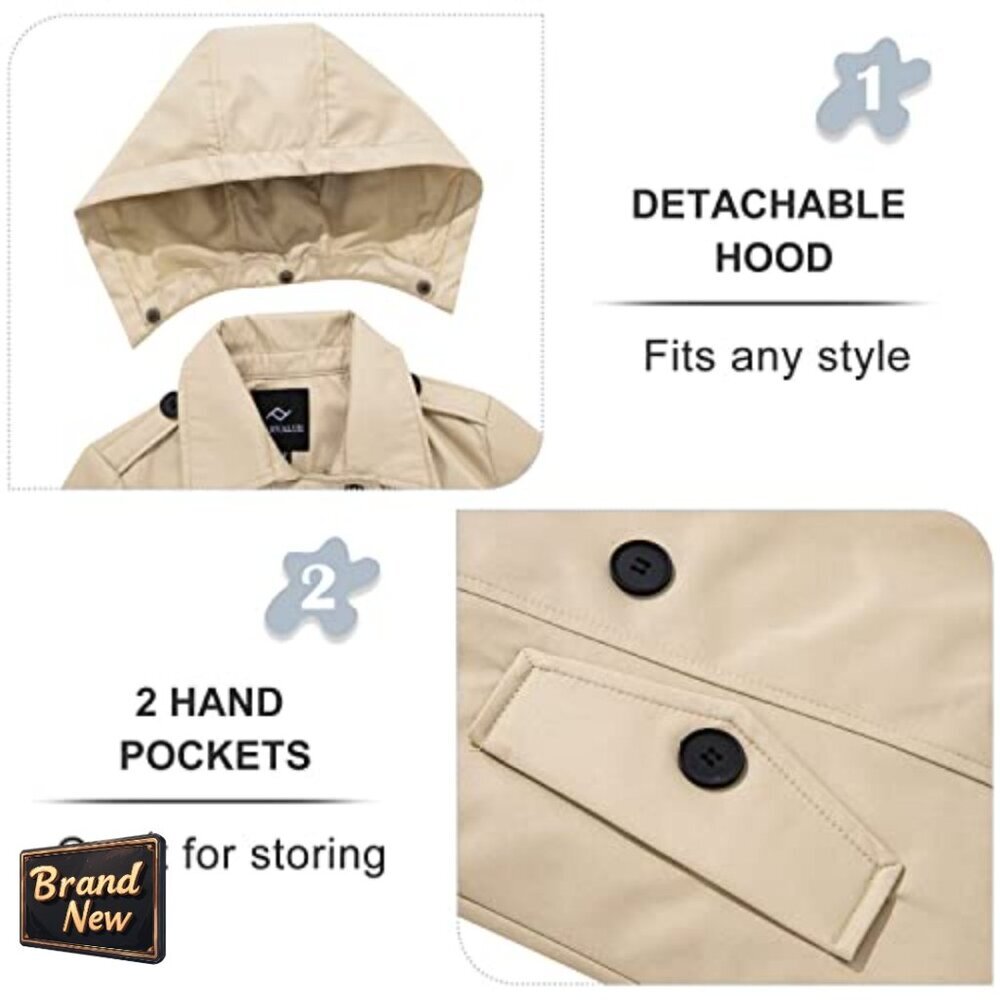 Waterproof Trench Coat with Removable Hood, Double Breasted, Belted Lapel - Picture 4 of 7